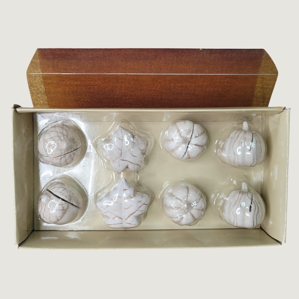 Crate & Barrel Set Of 8 White Ceramic Autumn Placecard Holders Pumpkin & Leaves